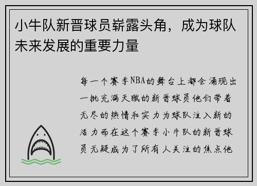 小牛队新晋球员崭露头角，成为球队未来发展的重要力量